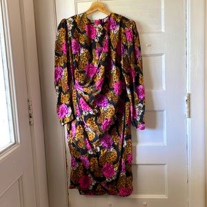 Vintage silk animal print floral dress - 80s